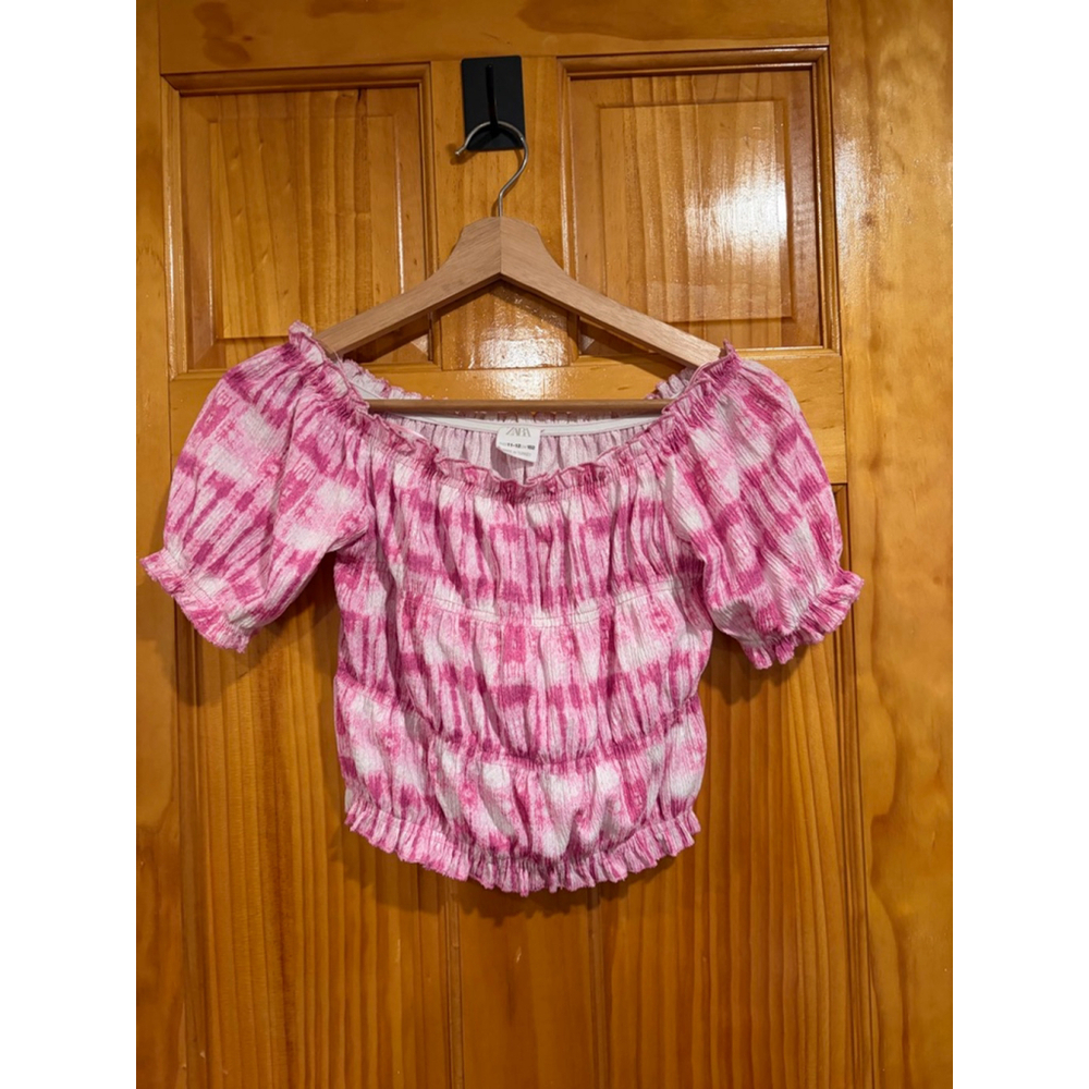 Zara Girls Pink Tie Dye Smocked Peasant Top Off Shoulder Size 11-12